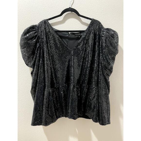 ELOQUII Black Sequin Peplum Long Sleeve Top Size 28 - Picture 2 of 6